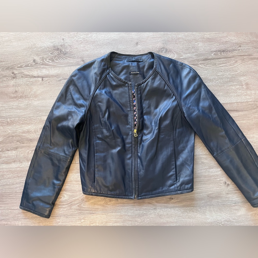 Massimo Dutti Navy Leather Jacket Size M
